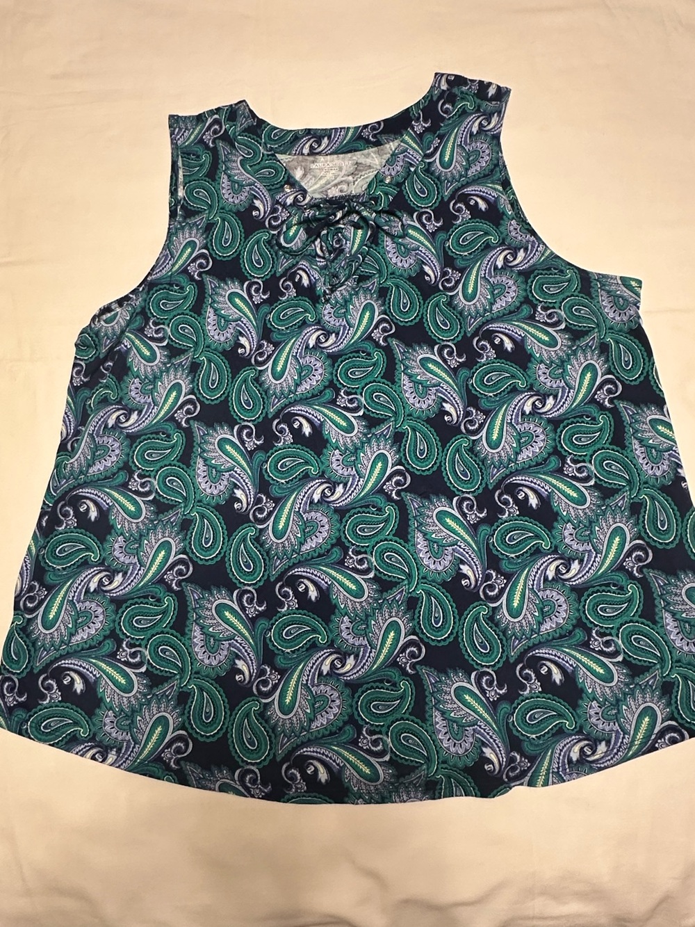 Laura Scott Sleeveless Navy & Green Paisley Tie-Neck Women's Top